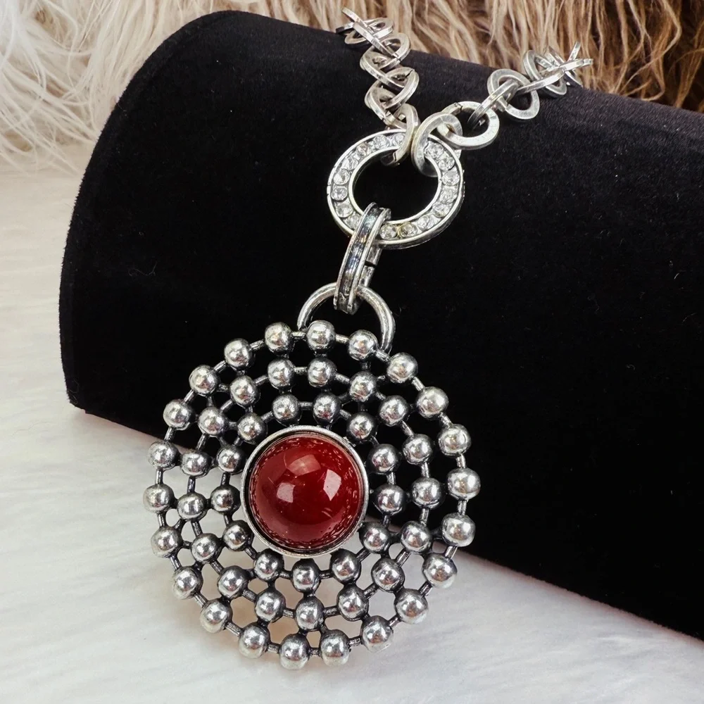 Vintage Aged Silvertone Weighted Red Pendant Necklace